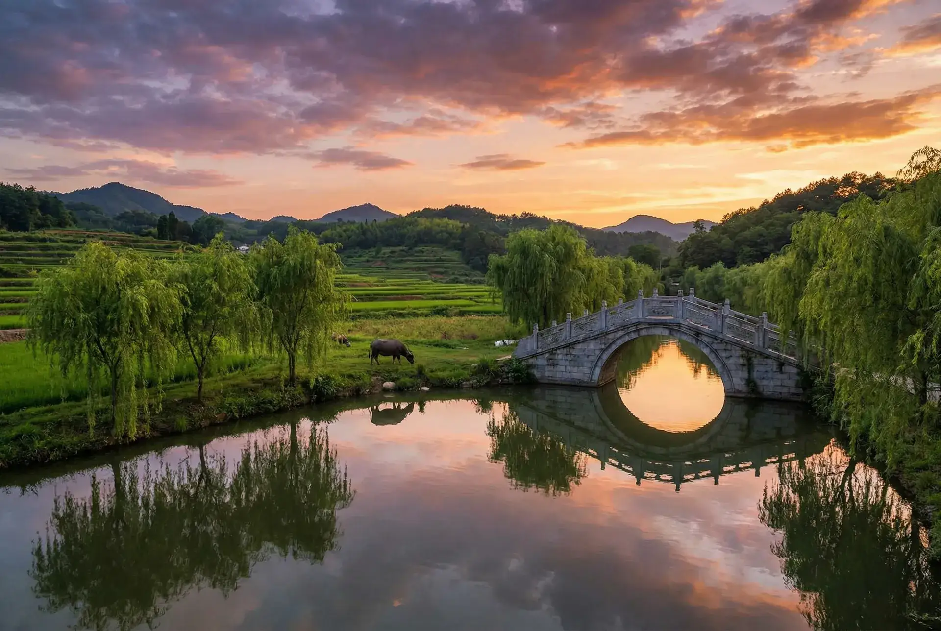 夕阳下的石拱桥与垂柳，水牛在河边吃草 - 老司机带带我免费视频百度 乡村美景